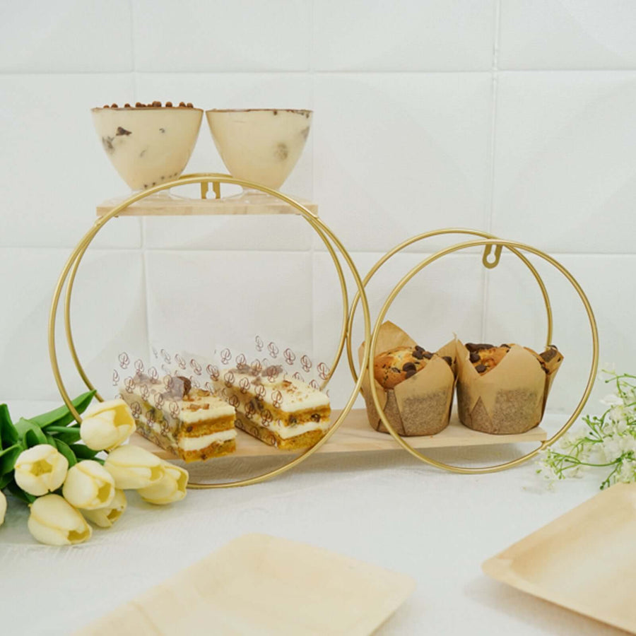 2-Tier Geometric Floating Shelf, Dessert Display Stand With Gold Double Hoop Design