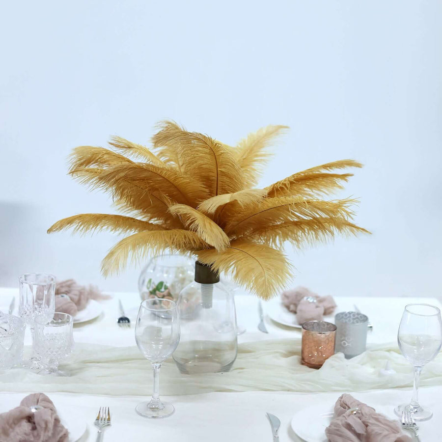 12 Pack | 13-15inch Gold Natural Plume Real Ostrich Feathers, DIY Centerpiece Fillers