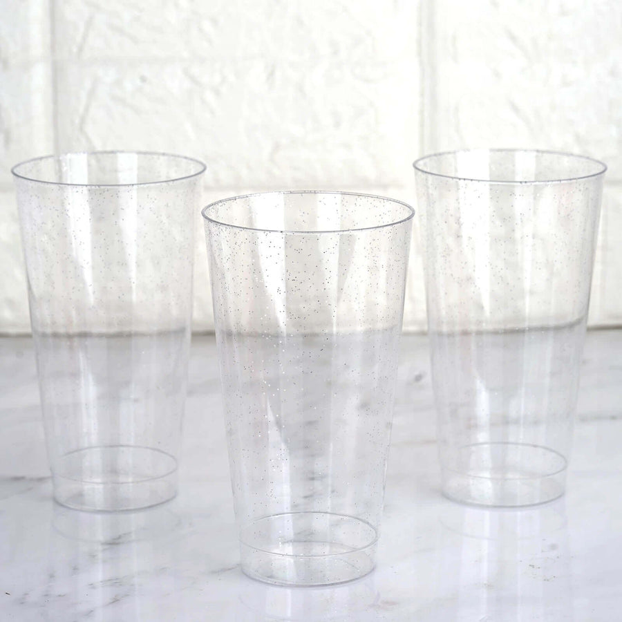 12 Pack | 17oz Tall Silver Glitter Sprinkled Plastic Cups, Disposable Party Glasses