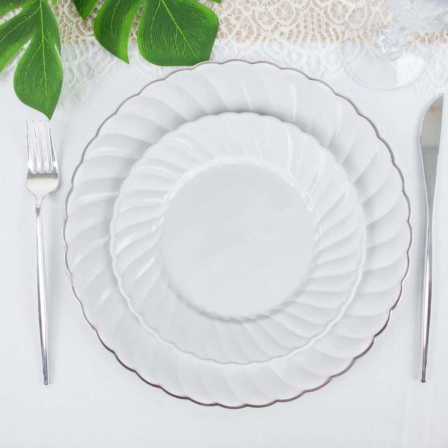 12 Pack | 7.5inch White Flair Rim Disposable Salad Plates, Plastic Dessert Appetizer Plates
