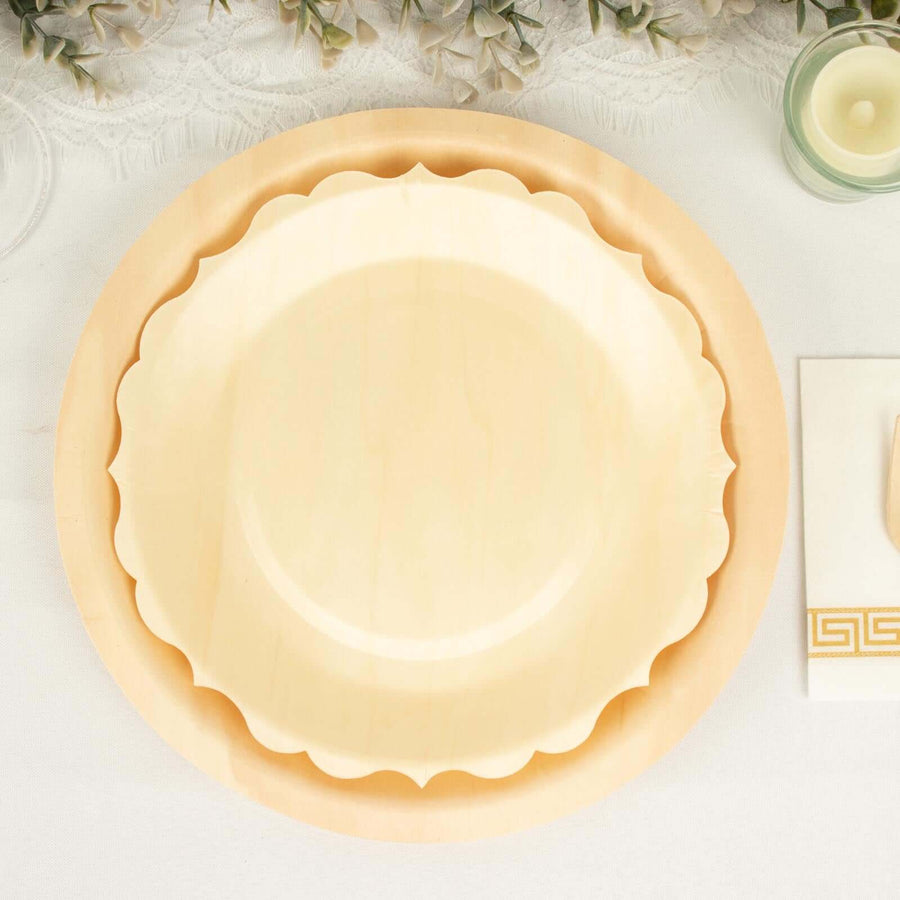 12 Pack | 9inch Natural Birch Wood Scalloped Biodegradable Dinner Plates