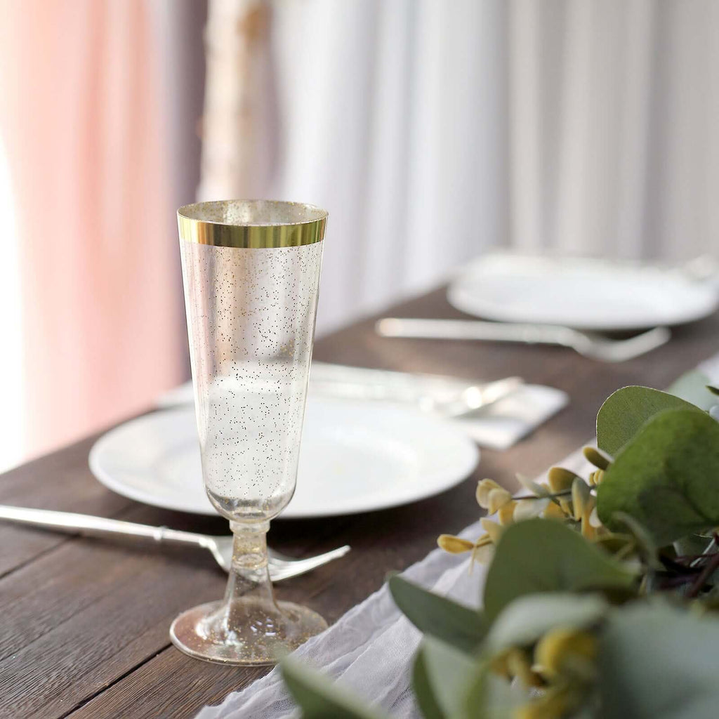 Plastic Champagne Flutes 5oz Clear Gold Glittered with Gold Rim