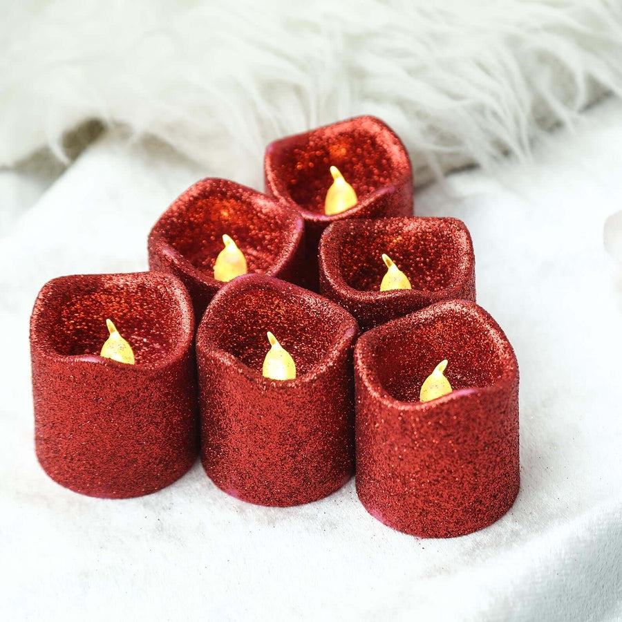 12 Pack | Glitter Flameless Candles LED | Votive Candles - Red | Tablecloths Factory