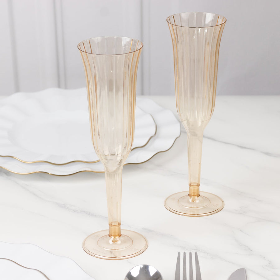 12-Pack Plastic Champagne Flutes Transparent Amber Gold Flared Design - Lightweight Disposable Toast
