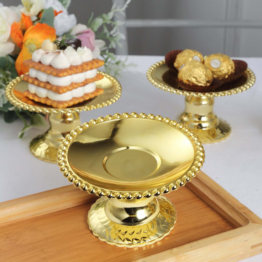 12 Pack | 5inch Gold Mirror Finish Mini Plastic Pedestal Cake Stands With Beaded Rim