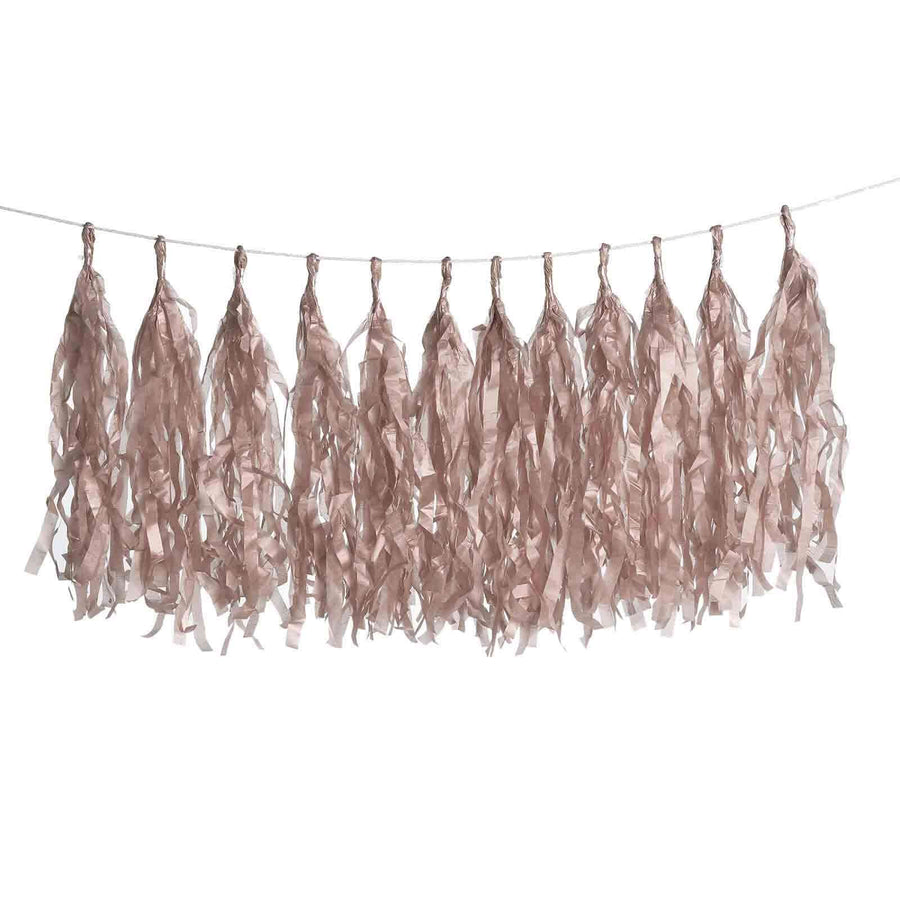 12 Pack | Pre-Tied Rose Gold Paper Fringe Tassels with Garland String, Hanging Streamer Banner