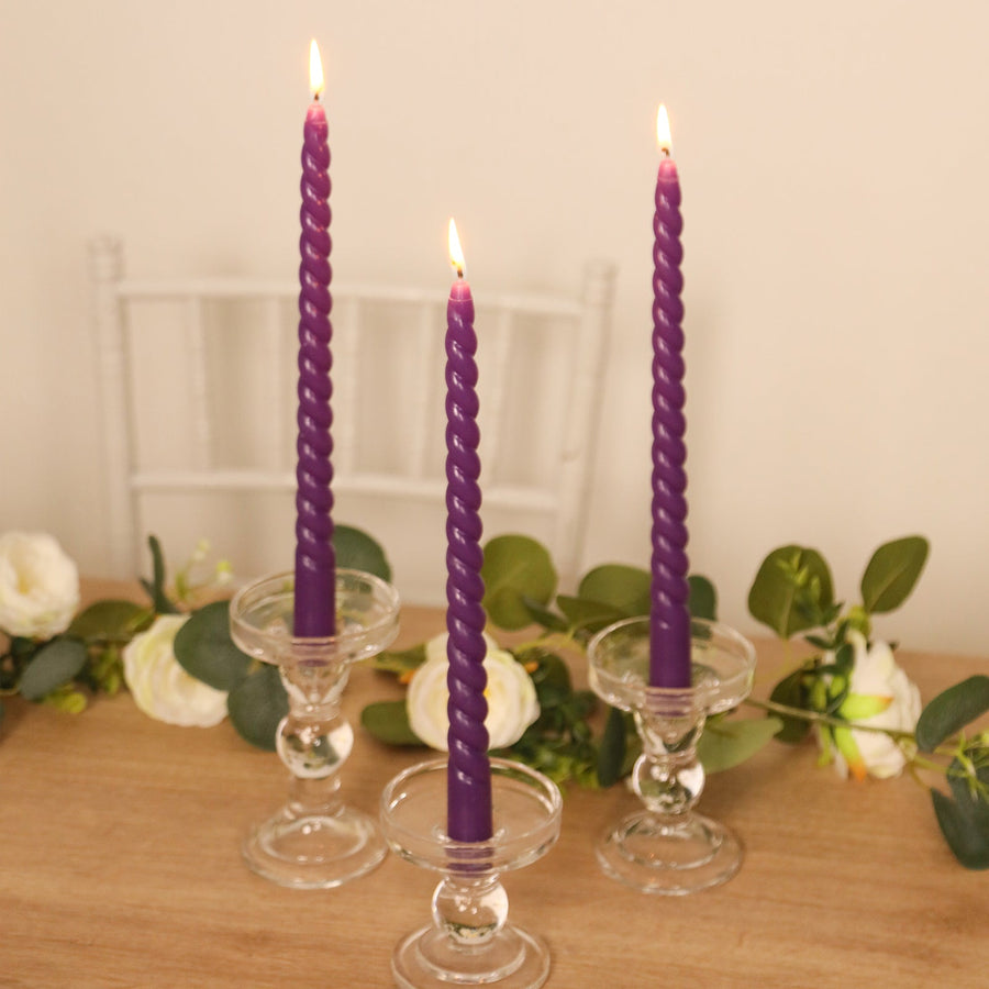 12-Pack Taper Candles Spiral Long Burn Wick Design Purple - Premium Unscented Wax Dinner Candle