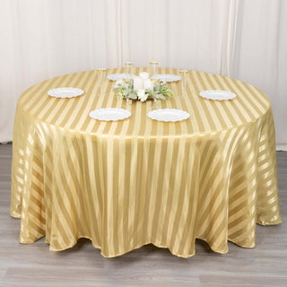Elevate Your Event with the Champagne Satin Stripe Seamless Round Tablecloth Elevate Your Event with the Champagne Satin Stripe Seamless Round Tablecloth