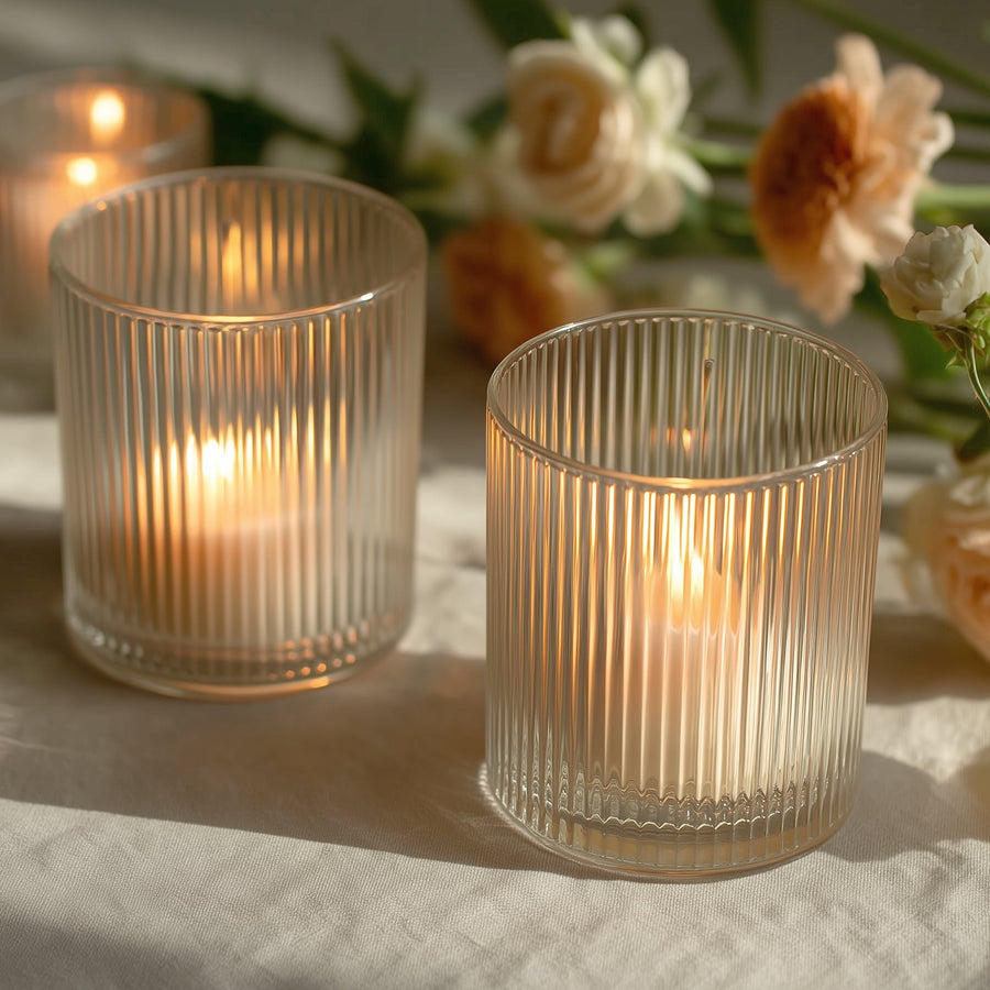 12 Pack Ribbed Glass Votive Candle Holders – Clear, 2.5inch Tealight Cups for Tabletop Lighting