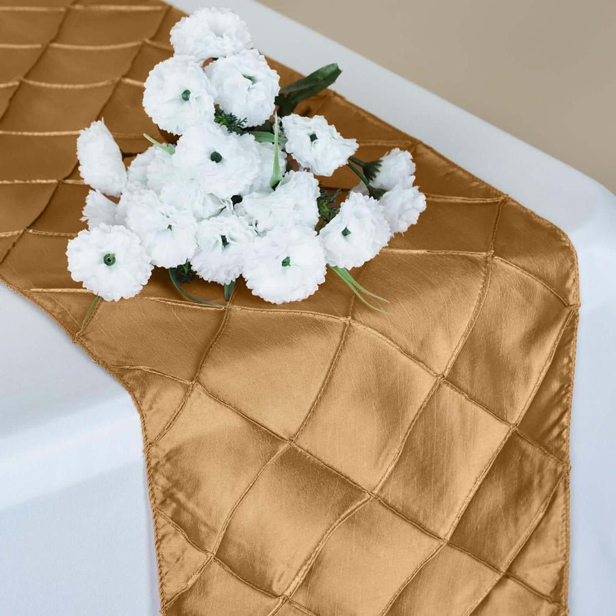 Gold table runner with white flowers, styled for elegant decor. #whtbkgd