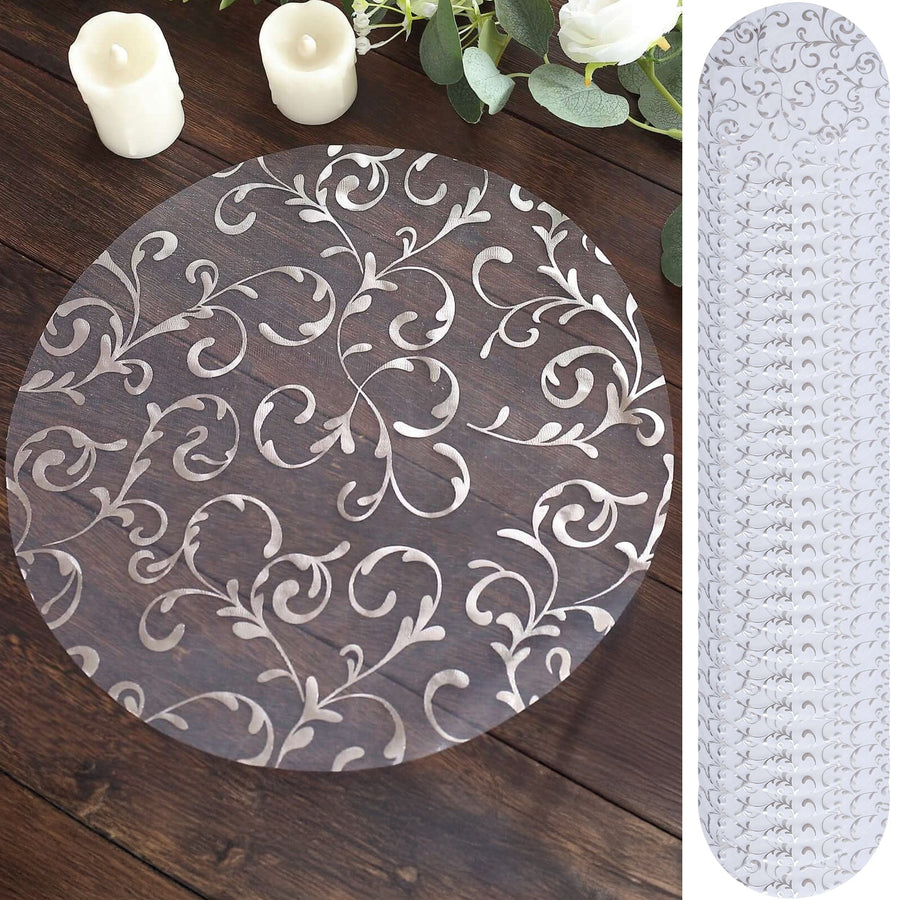 50-Pack Table Placemats Embossed Foil Flower Design Metallic Silver Round