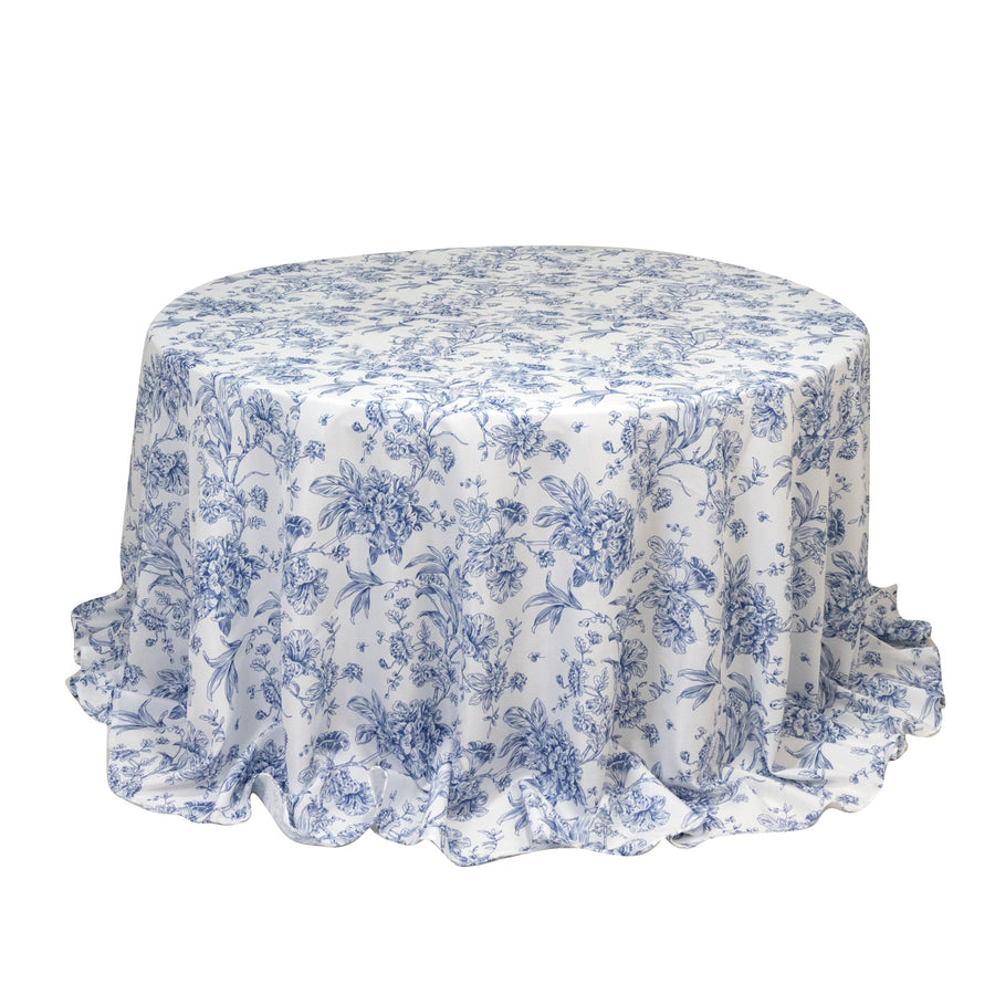 Polyester 132inch Round Tablecloth White - Blue French Toile Pattern