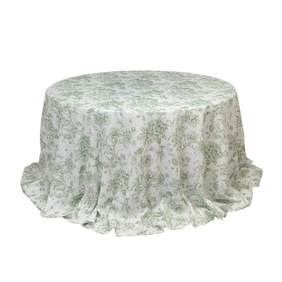 Polyester 132inch Round Tablecloth White - Dusty Sage Green French Toile Pattern for Chic Weddings