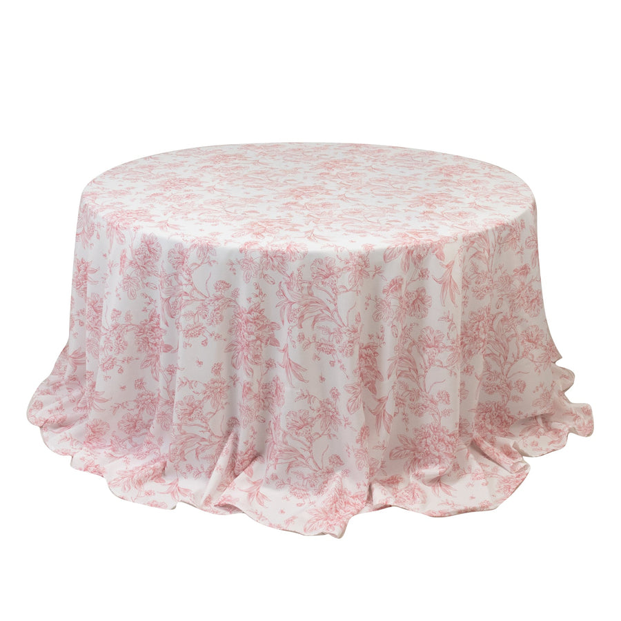 Polyester 132inch Round Tablecloth White - Pink French Toile Pattern