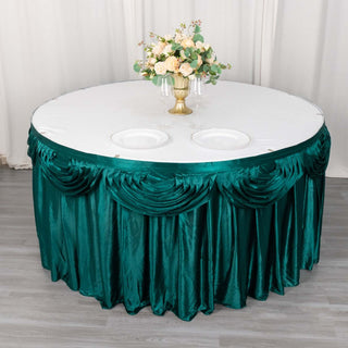 Elevate Your Event Decor with the 14ft Peacock Teal Pleated Satin Double Drape Table Skirt Elevate Your Event Decor with the 14ft Peacock Teal Pleated Satin Double Drape Table Skirt