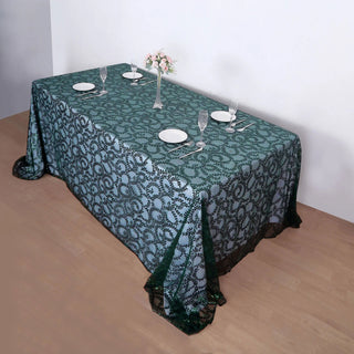Captivating Hunter Emerald Green Sequin Leaf Embroidered Tulle Rectangular Tablecloth