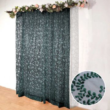 8ftx8ft Hunter Emerald Green Embroider Sequin Event Curtain Drapes, Sparkly Sheer Backdrop Event Panel With Embroidery Leaf