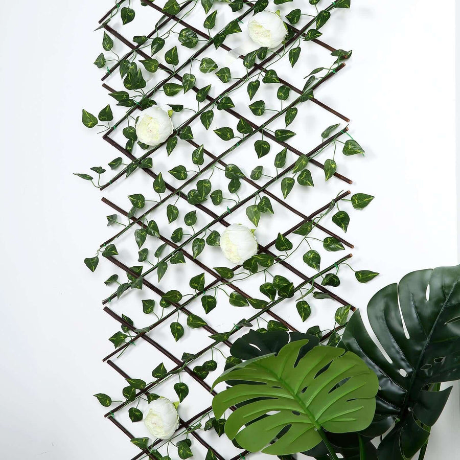 Decorative green foliage trellis with white flowers and large green leaves.