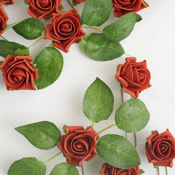24 Roses 2" Terracotta (Rust) Artificial Foam Flowers With Stem Wire and Leaves