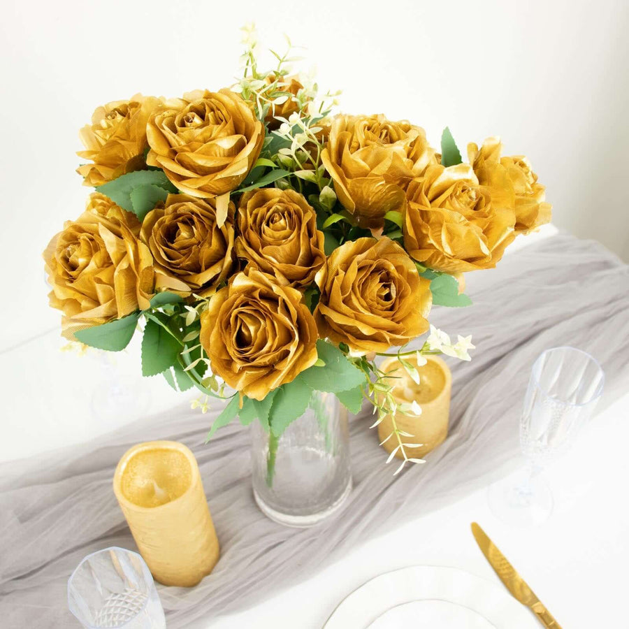 2 Bushes | 18inch Real Touch Gold Artificial Rose Flower Bouquet, Silk Long Stem Flower Arrangements