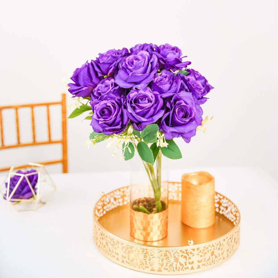 2 Bushes | 18inch Real Touch Purple Artificial Rose Flower Bouquet, Silk Long Stem Flower