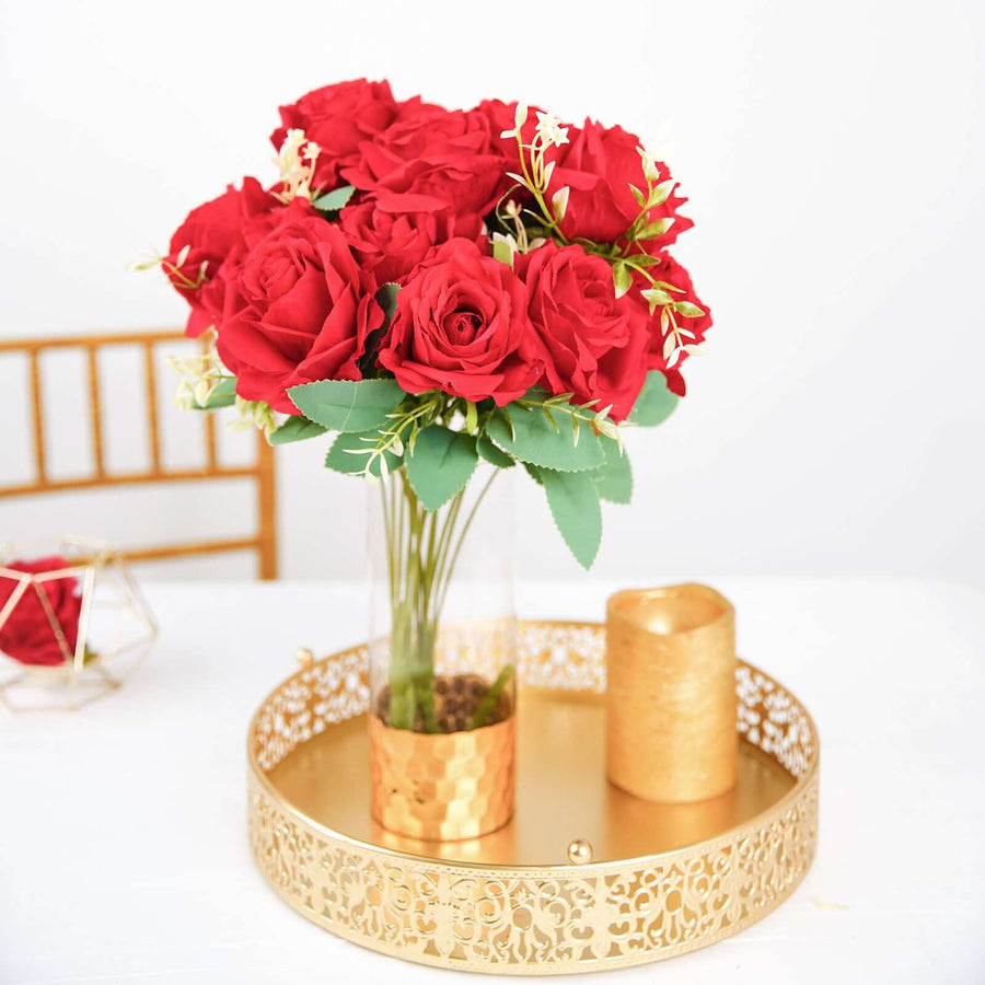2 Bushes | 18inch Real Touch Red Artificial Rose Flower Bouquet, Silk Long Stem Flower Arrangements