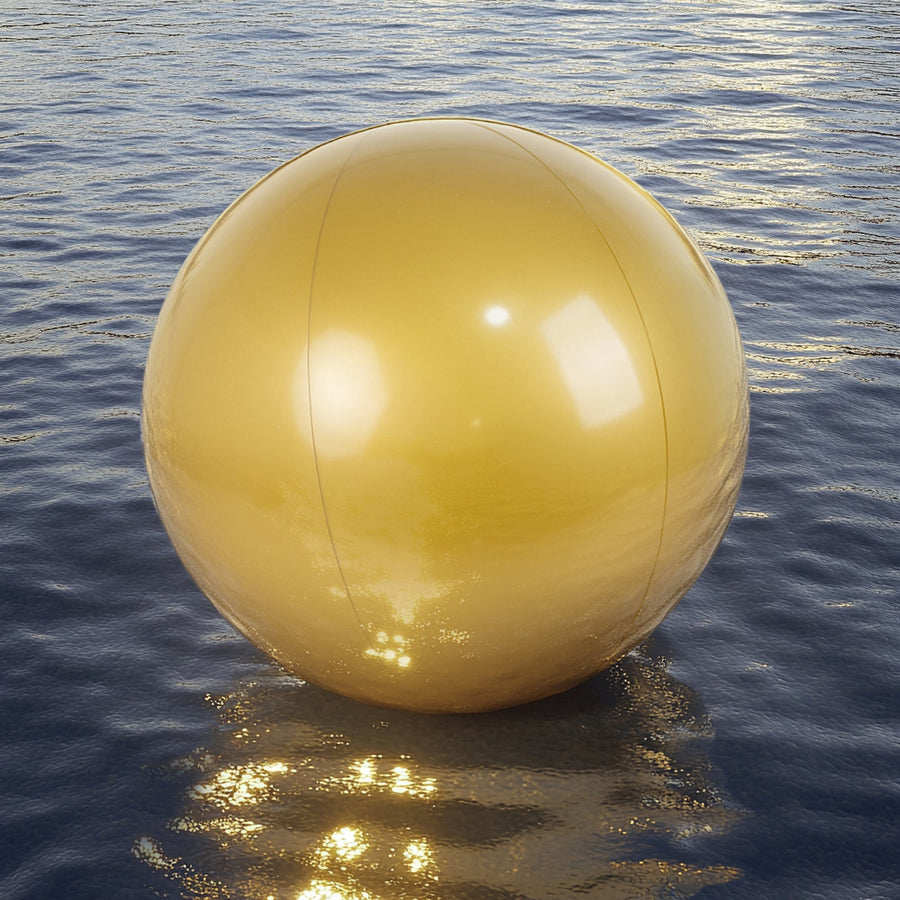 Golden reflective sphere floating on water surface.