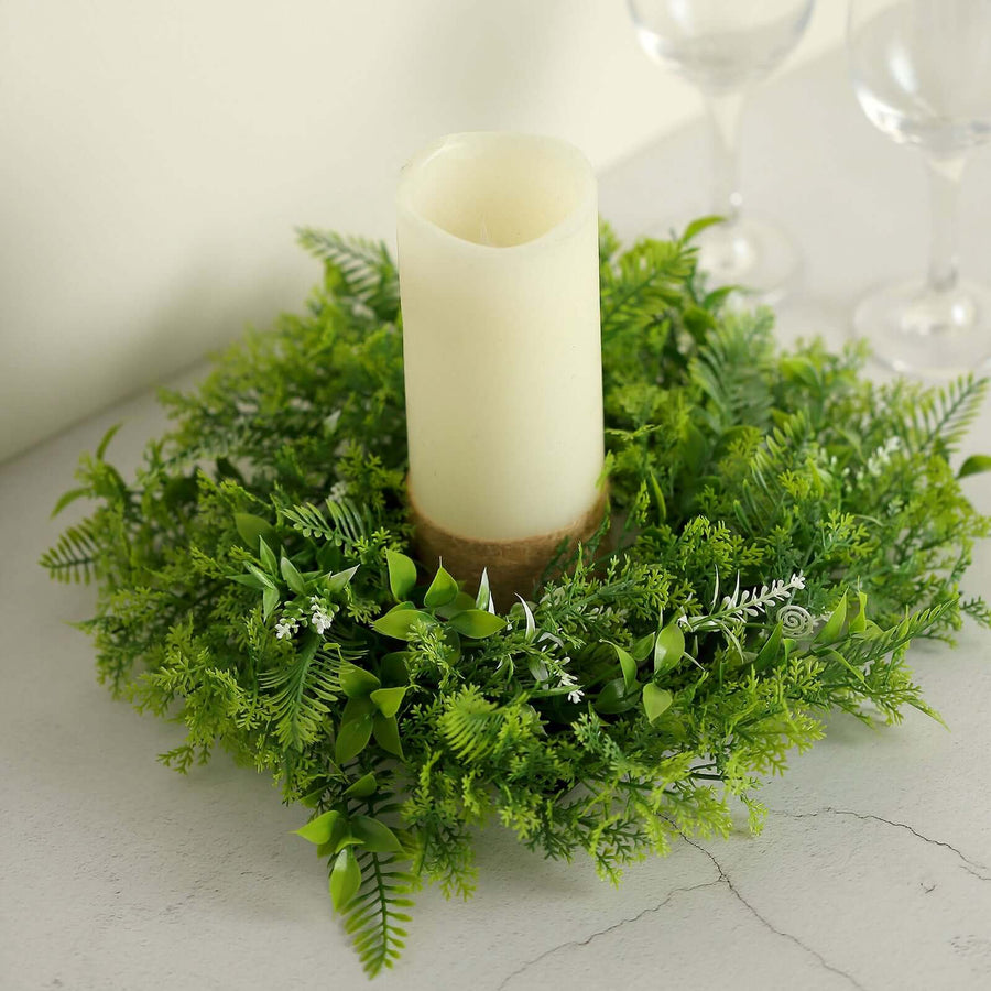 2 Pack | 4inch Green Artificial Fern Leaf Mix Pillar Candle Ring Wreaths