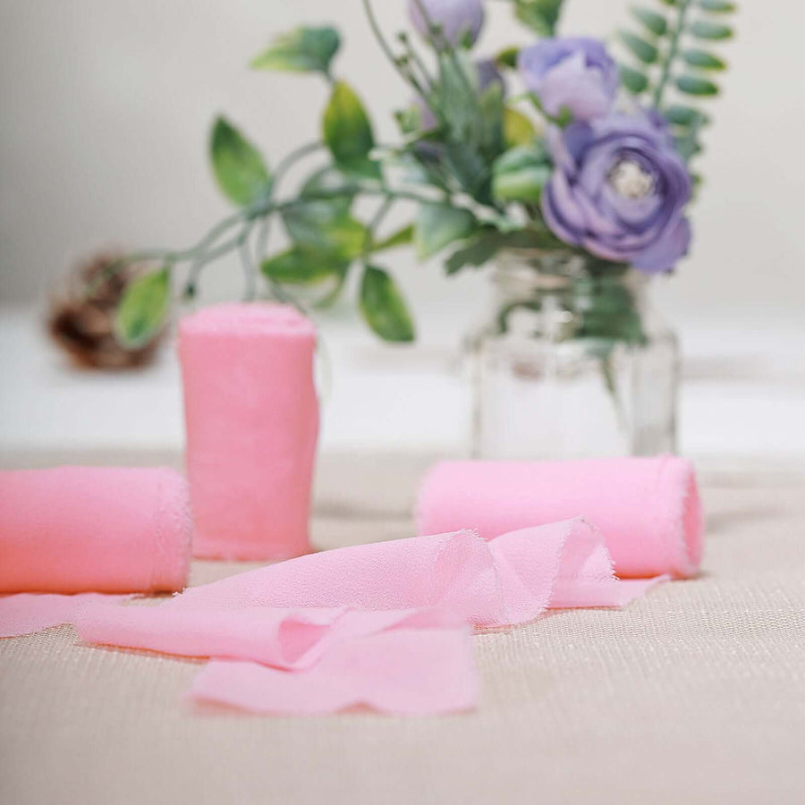 6yd Pink Silk-Like Chiffon Linen Ribbon Roll For Bouquets, Wedding Invitations Gift Wrapping