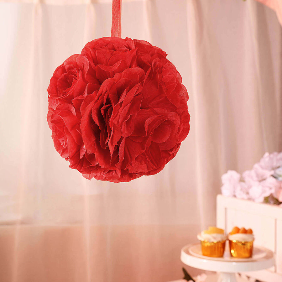 2 Pack | 7inch Red Artificial Silk Rose Flower Ball, Silk Kissing Ball