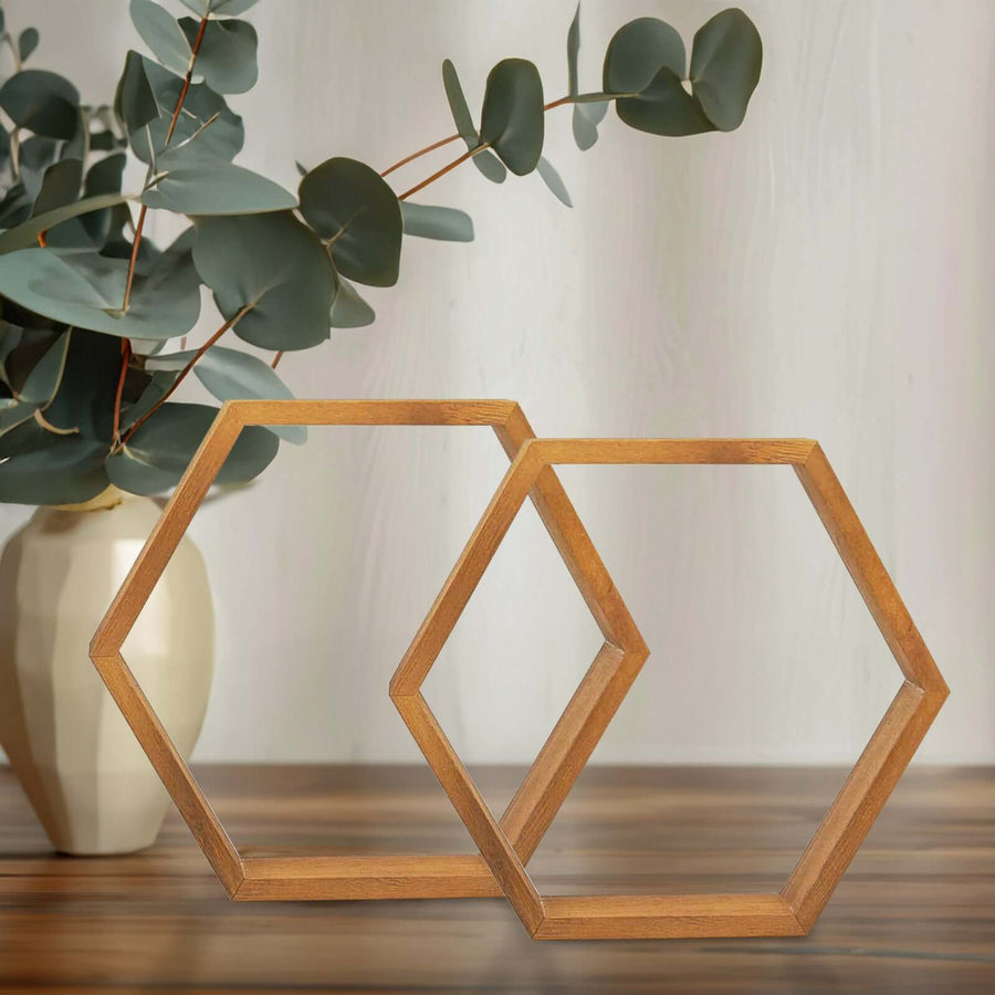 2 PC | Tall Hexagon Rustic Wood Centerpiece | Natural Geometric Terrarium | Honeycomb Storage Shelf