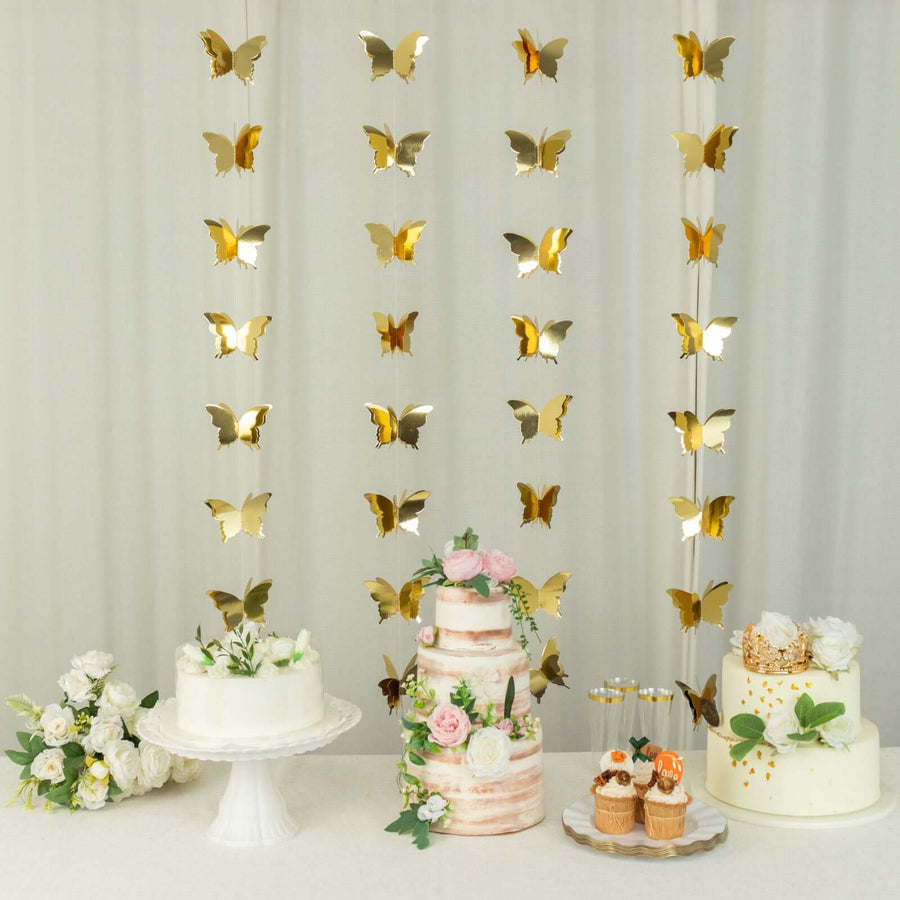 2 Pack | 9ft Gold 3D Paper Butterfly Hanging Garland Streamers, Party String Banners