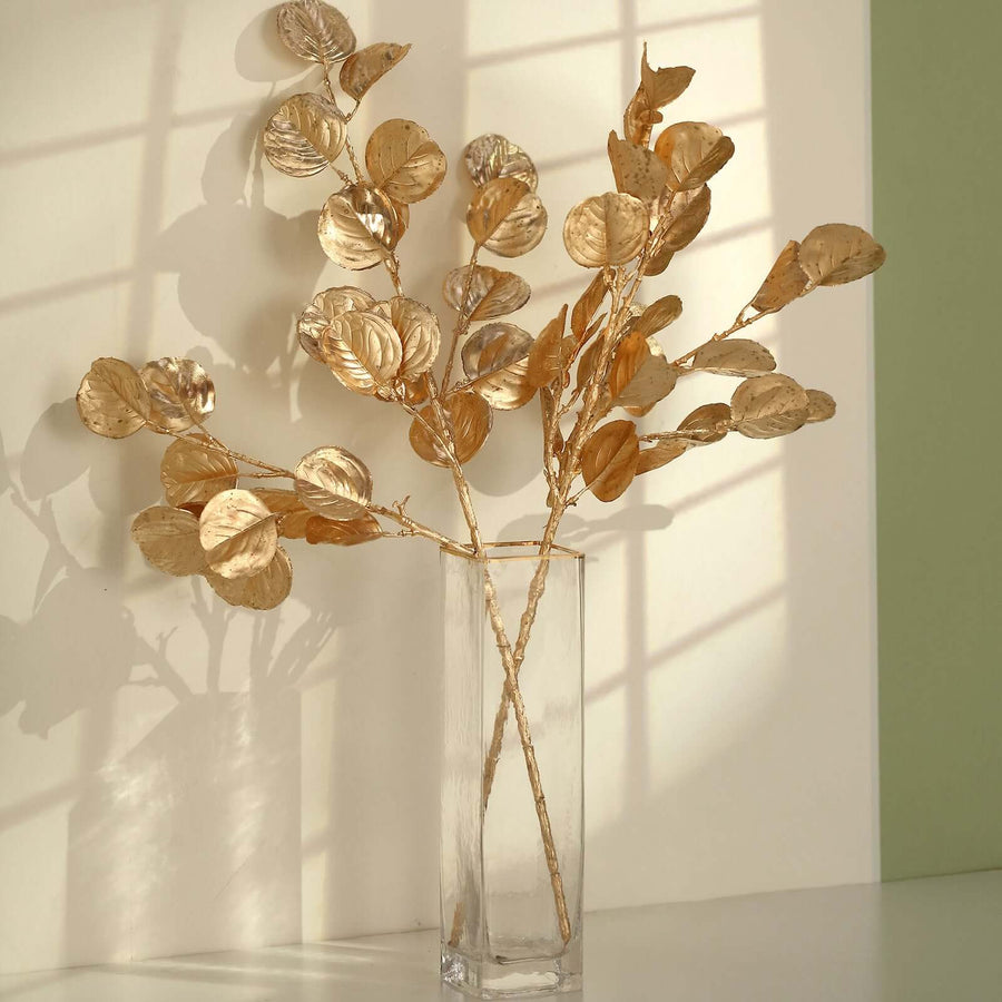 Gold leaf branch arrangement in a clear vase with soft shadows.