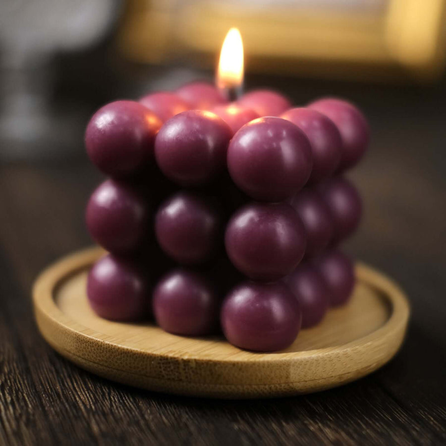 Burgundy Bubble Cube Long Burning Paraffin Wax Candle Set, Unscented Decorative Pillar Candle Gift