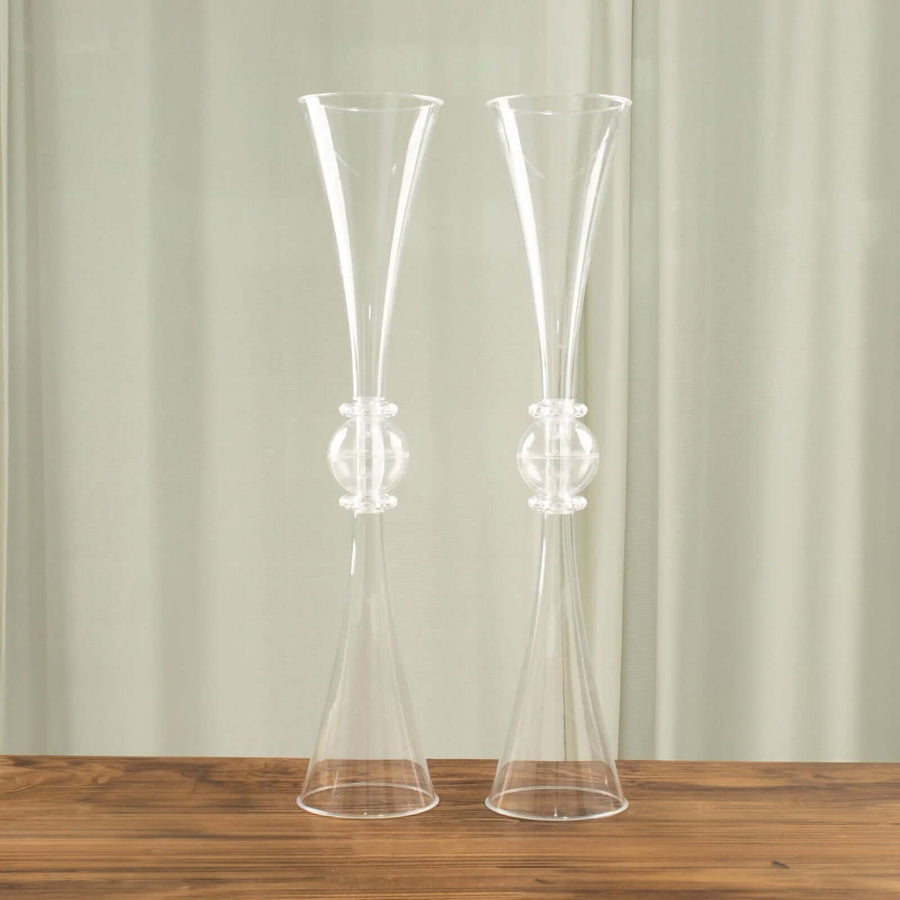 2 Pack | 27inch Clear Crystal Embellishment Trumpet Flower Vase, Reversible Plastic Centerpiece