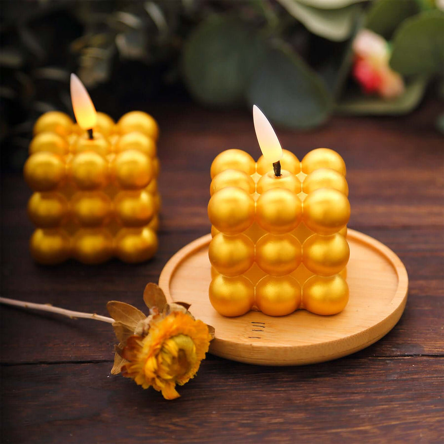 2 Pack 2inch Metallic Gold Mini Bubble Cube Battery Operated Candles