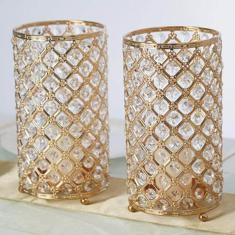 Gold Metal Crystal Beaded Pillar Votive Candle Holder Set, Multipurpose Crystal Flower Stem Vase