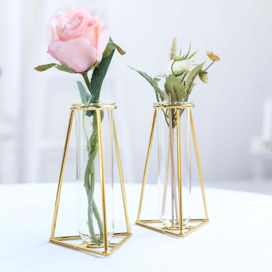 2 Pack | 6inch Triangular Gold Metal Frame Test Tube Bud Vases, Mini Geometric Wedding Centerpieces