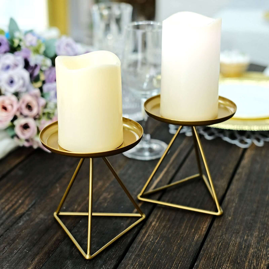 2 Pack | 5Inch Gold Metal Triangle Base Pillar Candle Holder Stands, Geometric Table Centerpieces