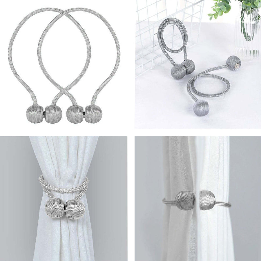 Silver curtain tiebacks with decorative balls, versatile and stylish.