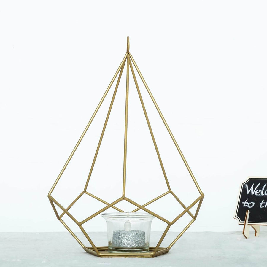 2 Pack | 9inch Gold Metal Pentagon Tealight Candle Holders, Open Frame Geometric Flower Stand