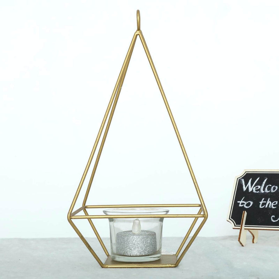 9inch Gold Metal Pyramid Shaped Tealight Candle Holders, Open Frame Geometric Flower Stand