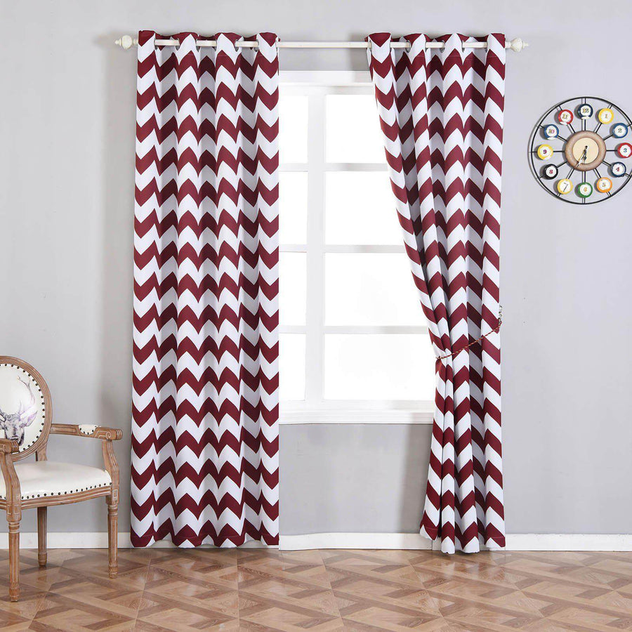 White/Burgundy Chevron Print Thermal Blackout Window Curtain Grommet Panel Noise Cancelling Curtains