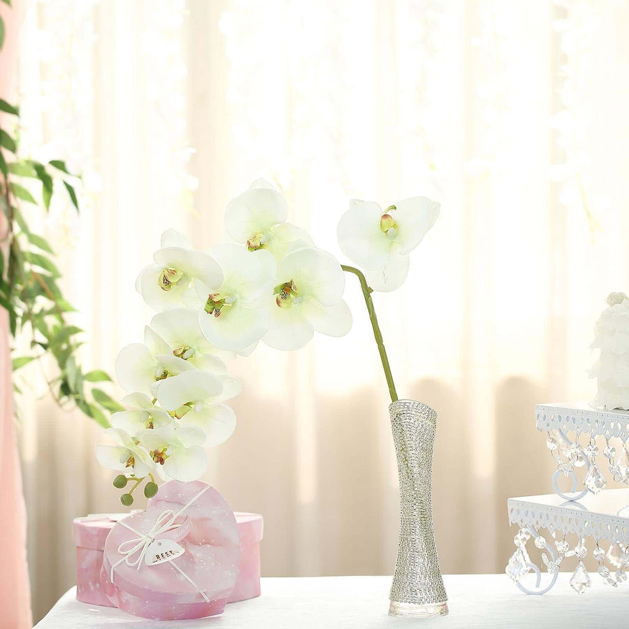 White orchid in a decorative vase with a pink gift box in the background.