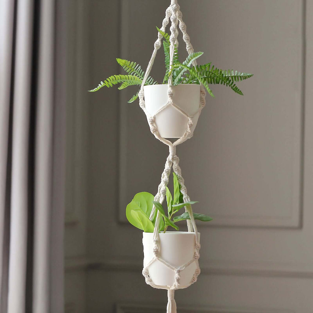 tiered hanging basket planter 2-Tier Hanging Planter Basket with Tassels Ivory Double Boho Design
