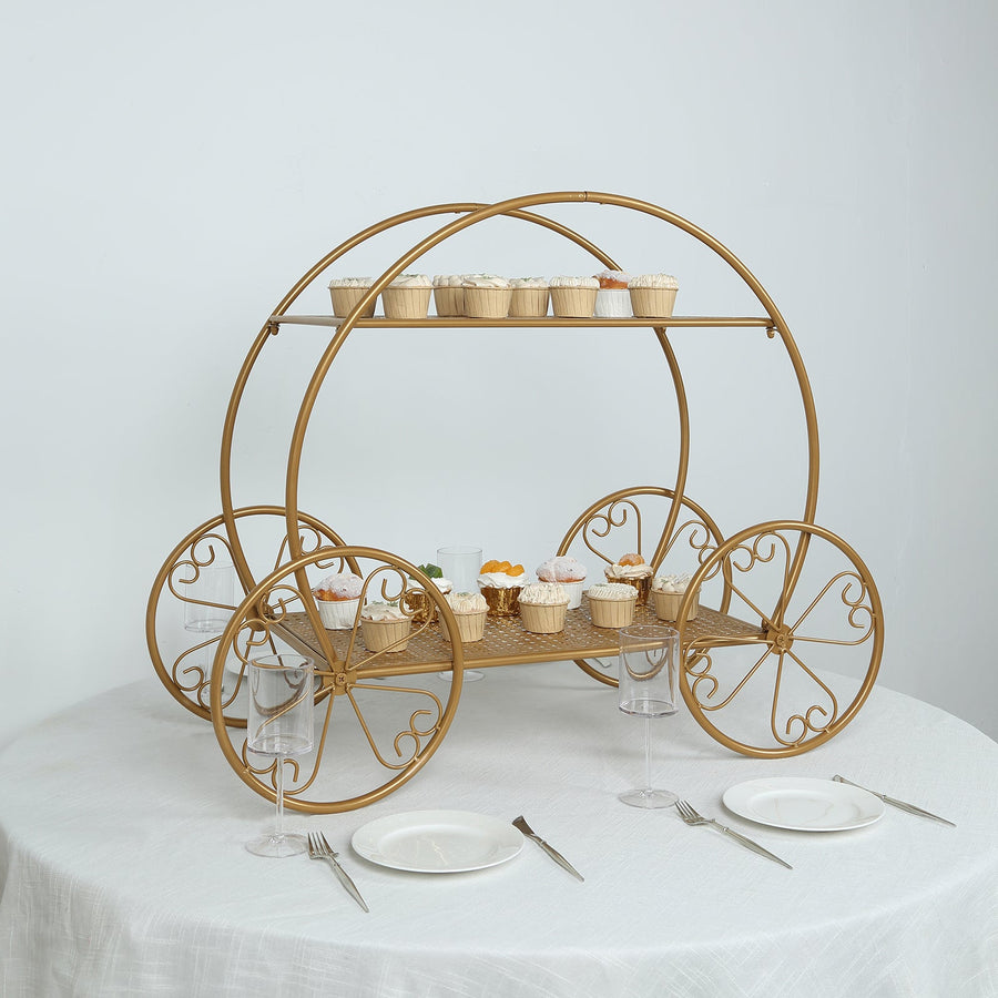 2-Tier Gold Princess Carriage Metal Cake Stand, Giant Cinderella Pumpkin Coach Centerpiece Dessert