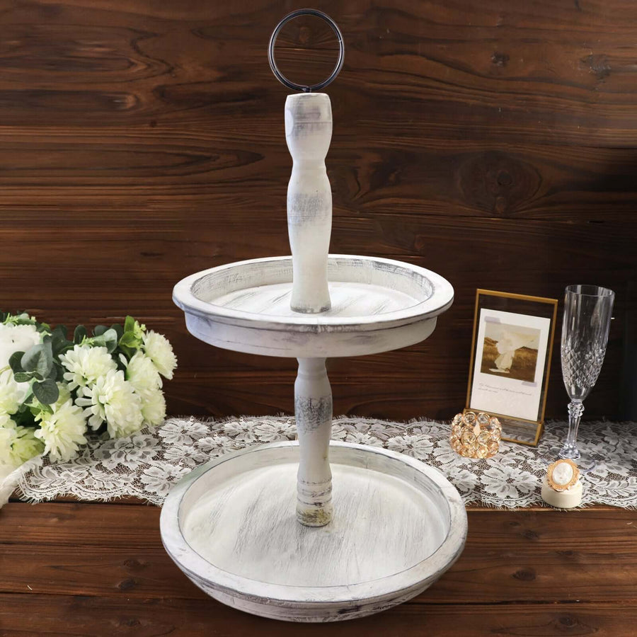 20inch Rustic White 2-Tier Wooden Cupcake Stand, Whitewashed Farmhouse