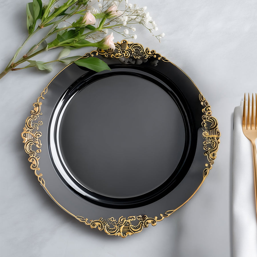 20-Pack Economy Plastic Round Charger Plates 13inch in Black with Gold Embossed Baroque Rim