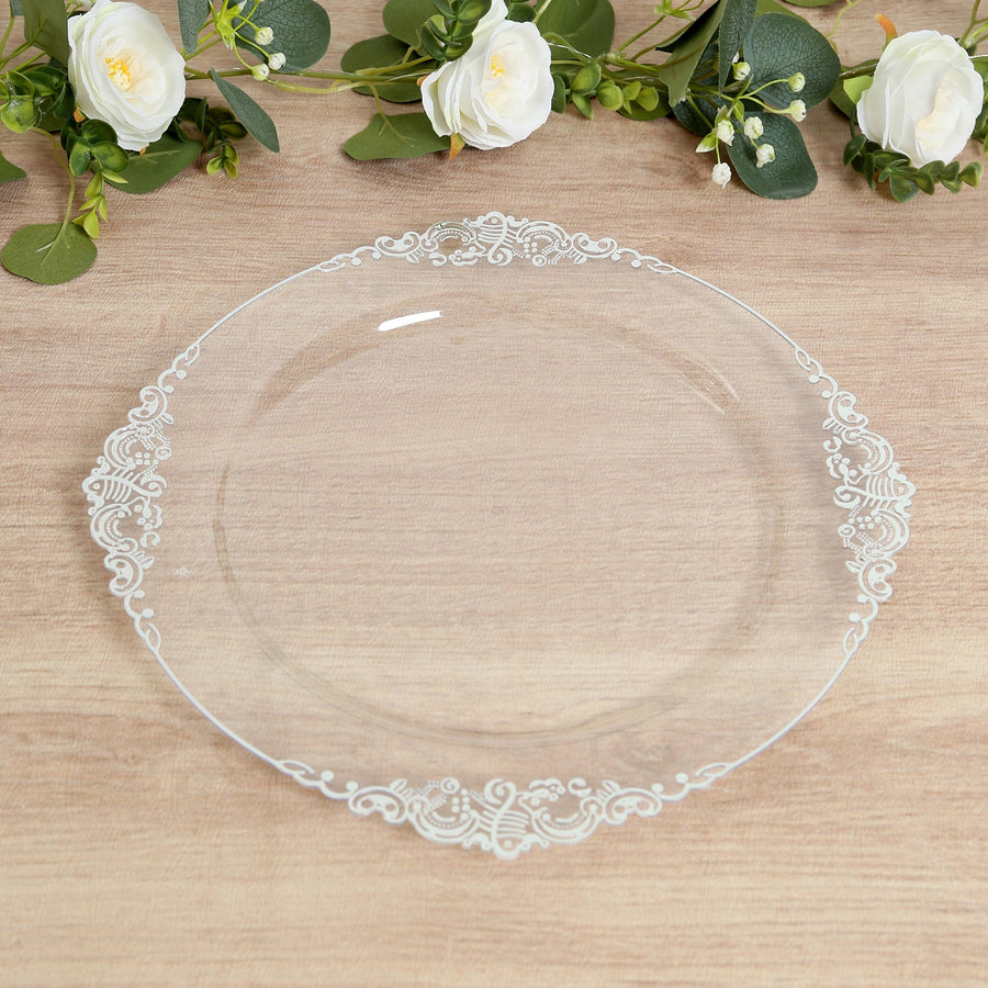 20-Pack Economy Plastic Round Charger Plates 13inch in Clear with Silver Embossed Baroque Rim