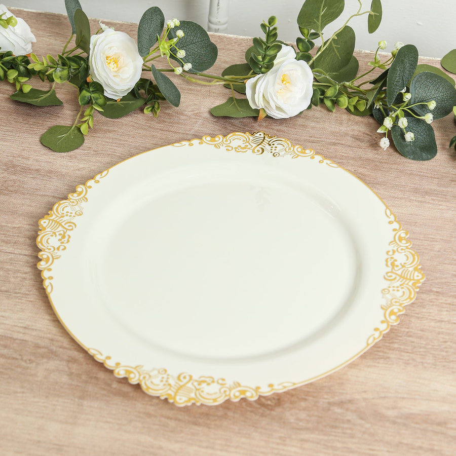20-Pack Economy Plastic Round Charger Plates 13inch Ivory with Gold Embossed Baroque Rim